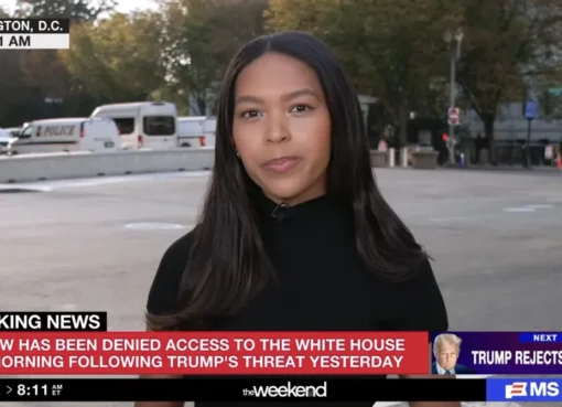 White House gates with a 'Denied Access' sign, symbolizing journalists being turned away.