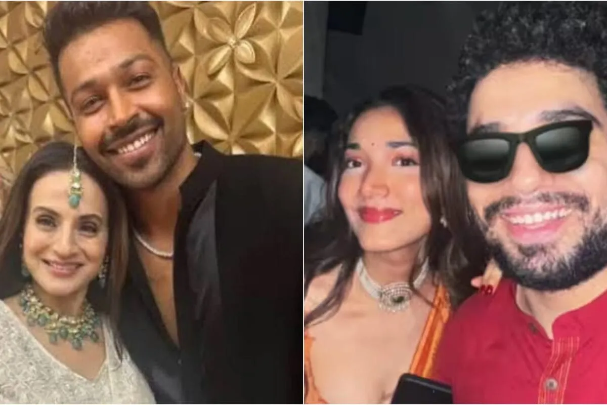 A split image featuring Ameesha Patel looking assertive and Samay Raina and Medha Shankr smiling happily on vacation.