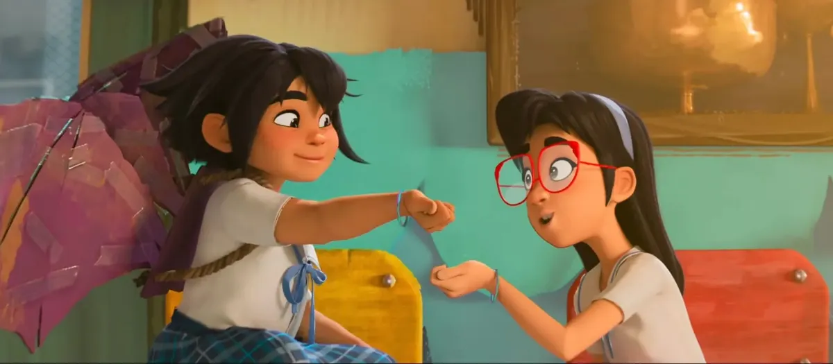 Animated characters from Forgotten Island in a vibrant jungle scene.