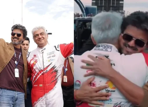 Ajith Kumar and Vijay standing at the Silverstone race track, with racing cars in the background.