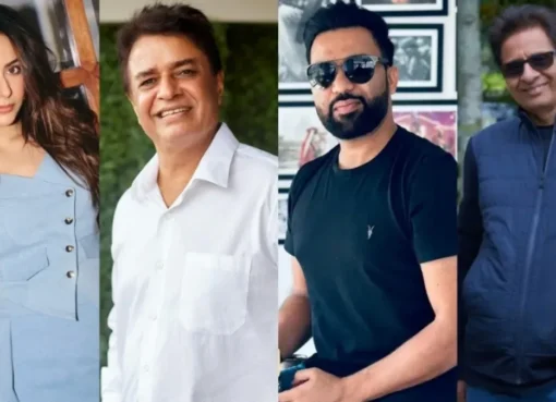 Various Bollywood figures and studio logos with an Income Tax Department raid graphic overlay.