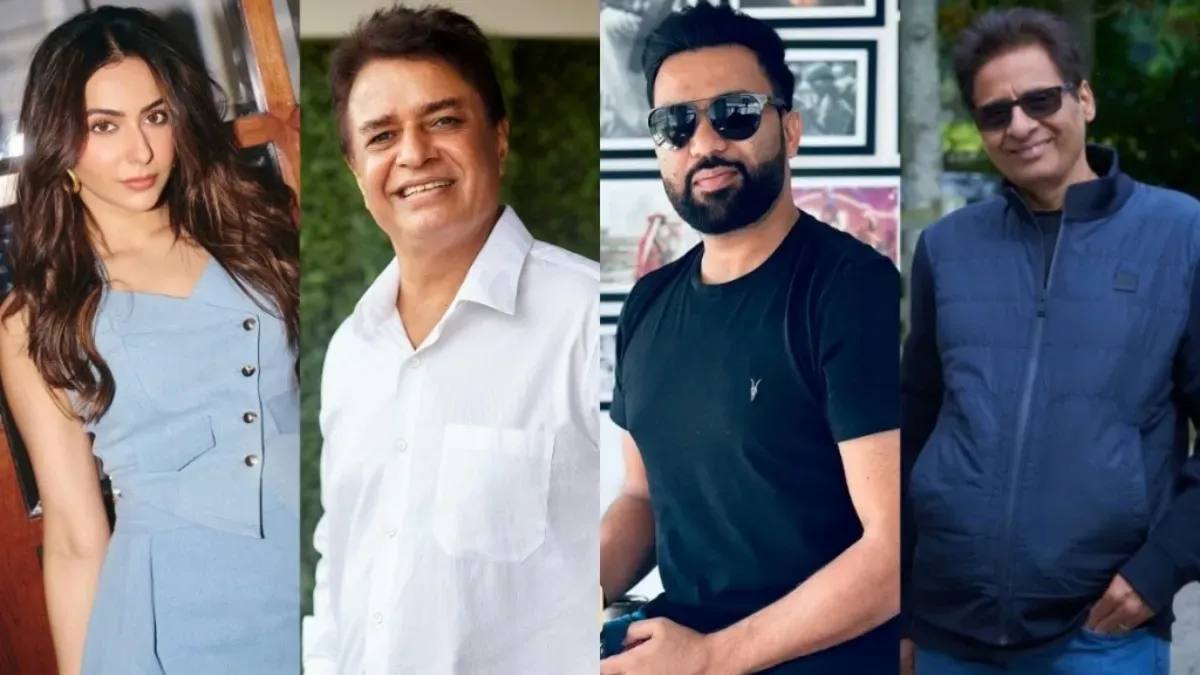 Various Bollywood figures and studio logos with an Income Tax Department raid graphic overlay.