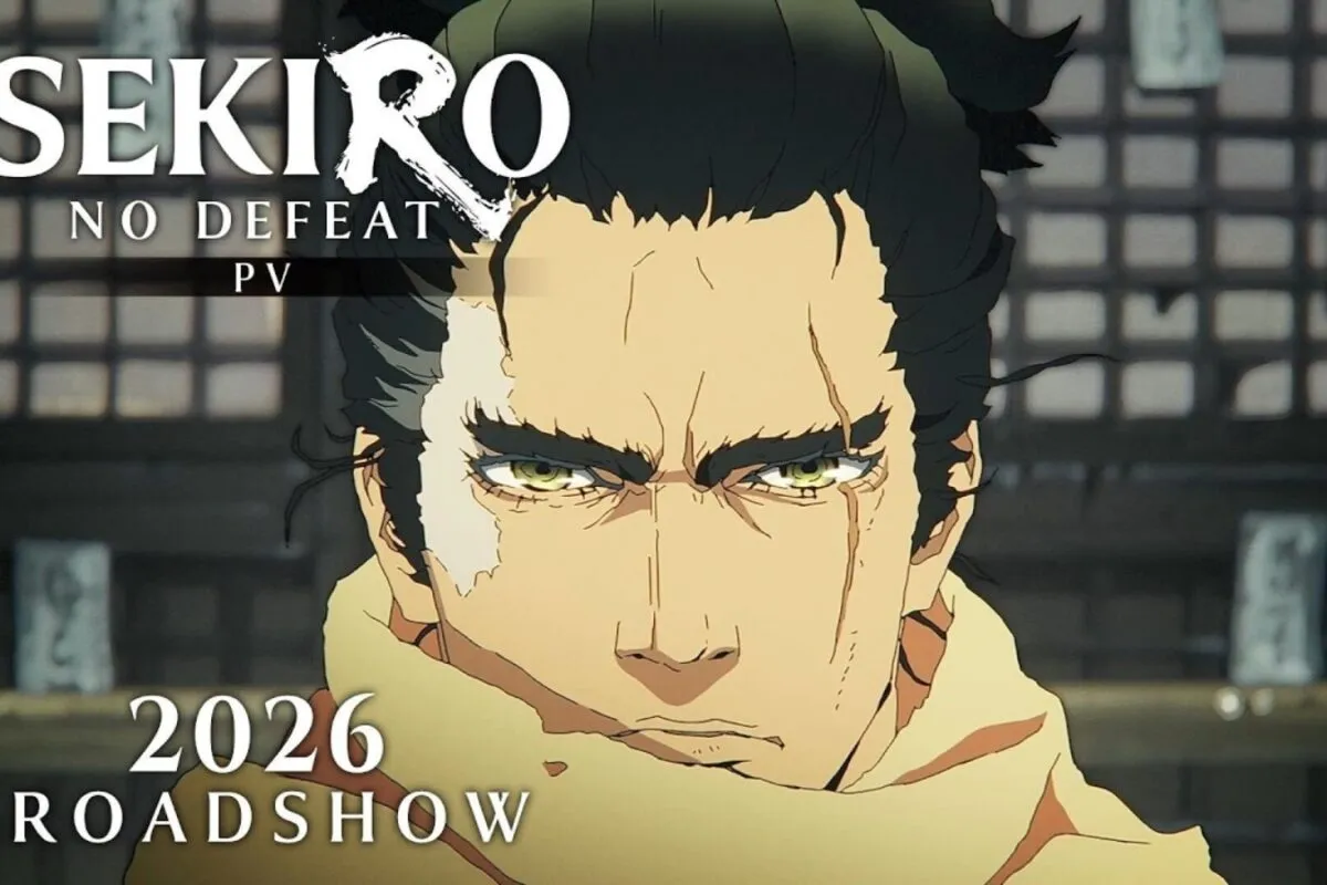 A fierce warrior with a prosthetic arm, Sekiro, in a dynamic anime art style, ready for battle.
