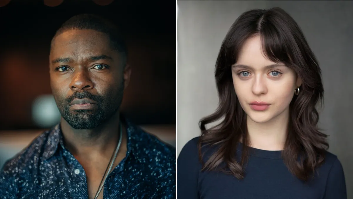 Split image of David Oyelowo looking thoughtful and Viola Prettejohn with an intense expression.