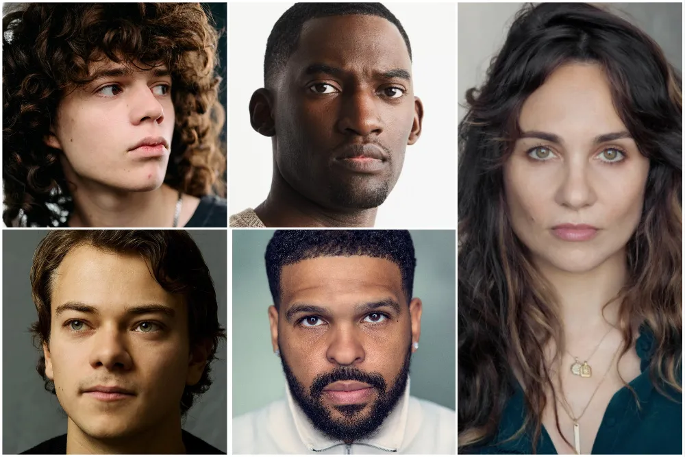 Composite image of actors Woody Norman, Malachi Kirby, Tuppence Middleton, Conrad Khan, and Kola Bokinni against a dark, urban backdrop with a horror-thriller aesthetic.