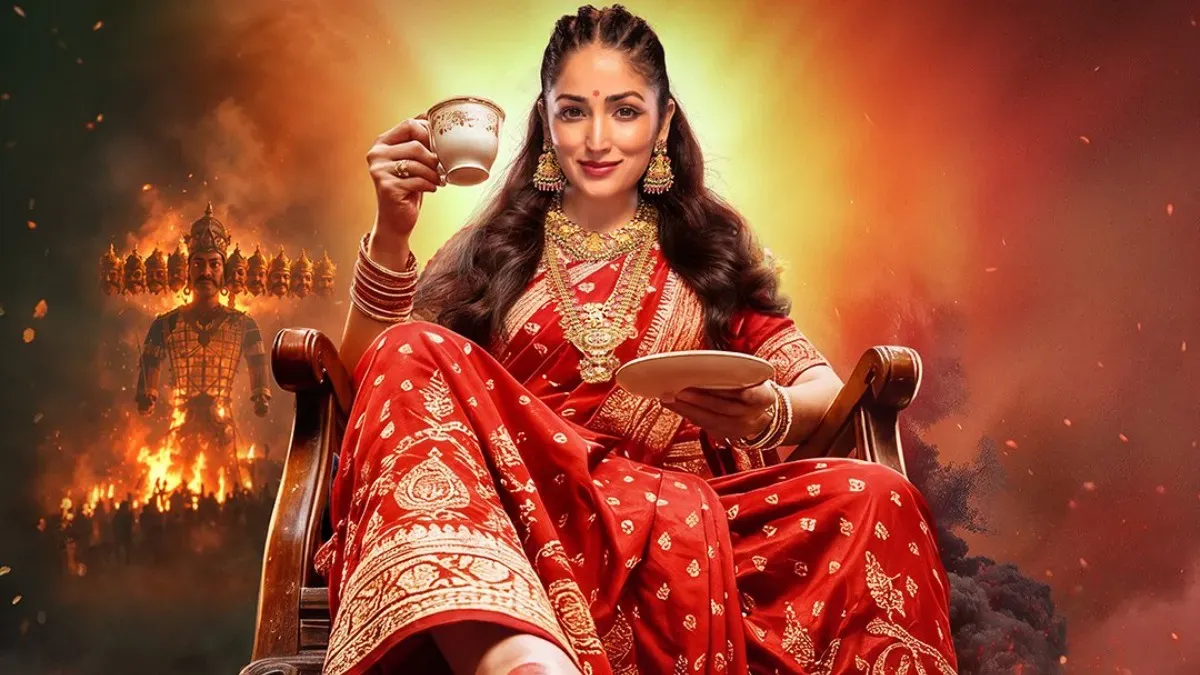 Yami Gautam Dhar smiling in a colorful, traditional outfit from the Nayyi Navelli movie trailer.