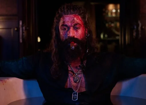 A gritty and dark cinematic shot of Yash from the movie Toxic