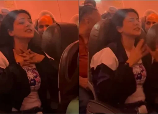 Shehnaaz Gill praying with her eyes closed during a turbulent flight.