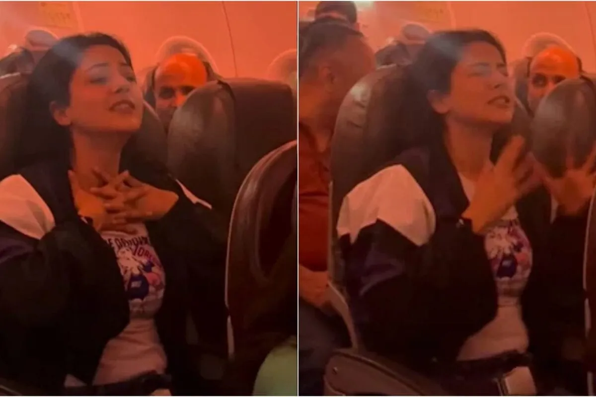 Shehnaaz Gill praying with her eyes closed during a turbulent flight.