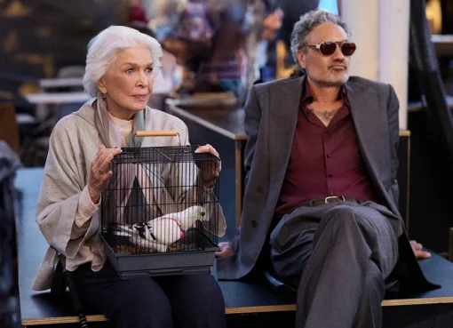 Kornél Mundruczó, Ellen Burstyn, and Taika Waititi looking surprised next to a pigeon.