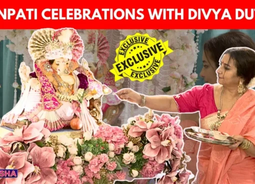 Divya Dutta smiling warmly at her beautifully decorated home during Ganpati celebrations.