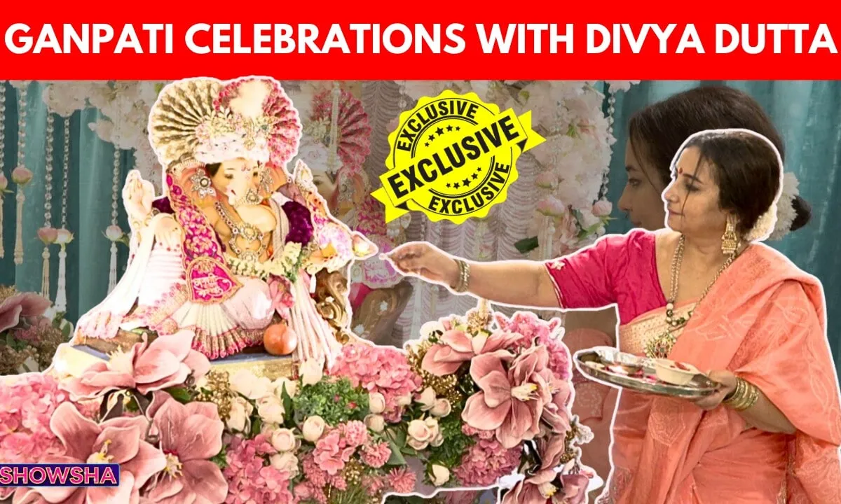Divya Dutta smiling warmly at her beautifully decorated home during Ganpati celebrations.