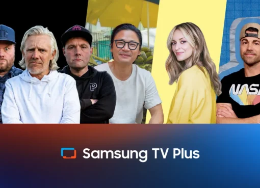 Fearne Cotton smiling brightly, with Mark Rober giving a thumbs-up, representing creators getting new channels on Samsung TV Plus.