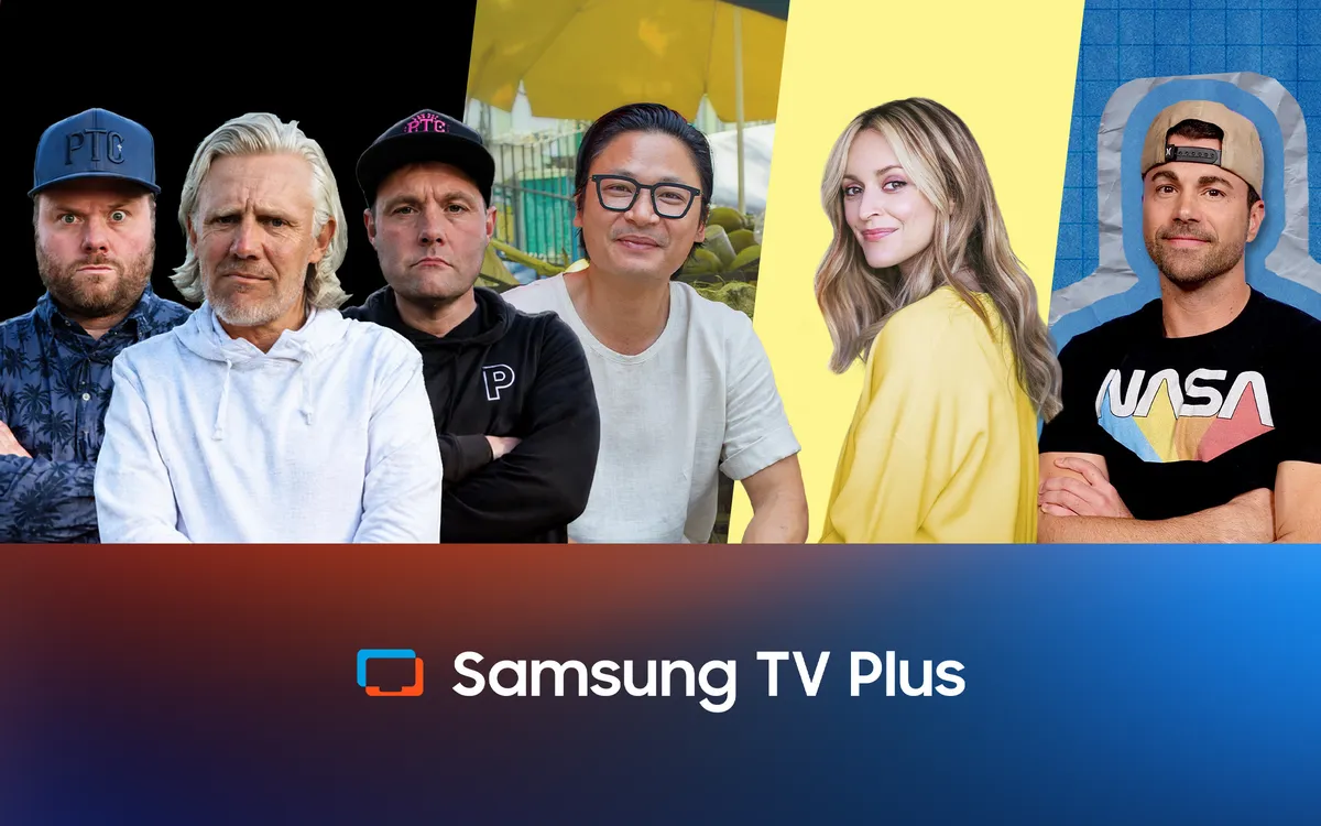 Fearne Cotton smiling brightly, with Mark Rober giving a thumbs-up, representing creators getting new channels on Samsung TV Plus.