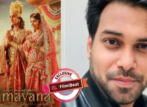 A movie poster for Ramayana featuring characters from the epic with a musical note background.