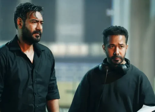 Ajay Devgn as Vijay Salgaonkar, looking intense and thoughtful, in a scene from the Drishyam movie franchise.