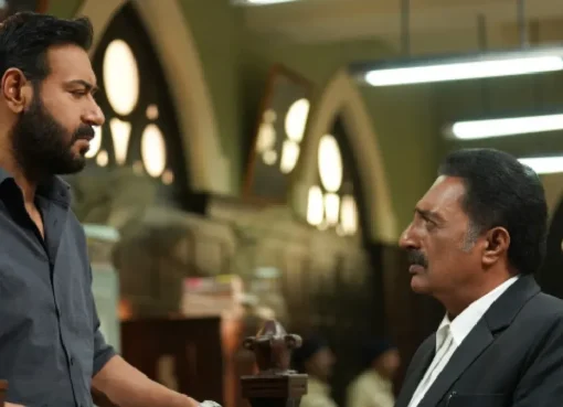 Ajay Devgn looking intense in a promotional image for Drishyam 3, with a serious expression.