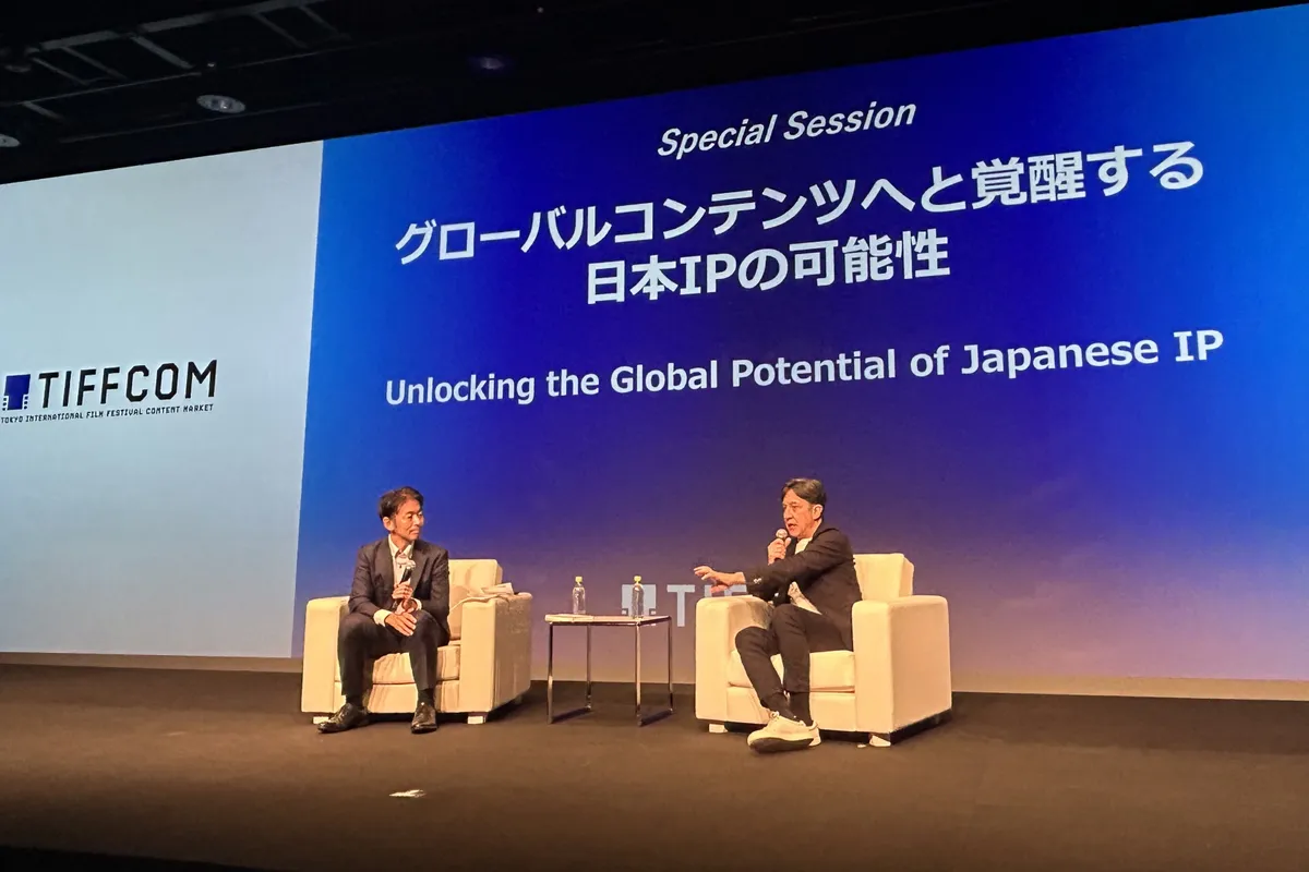Buddy Marini, Steven Maeda, and Shinzo Matsuhashi discussing content at TIFFCOM.
