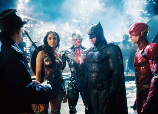 Ben Affleck looking serious as Batman in Justice League.