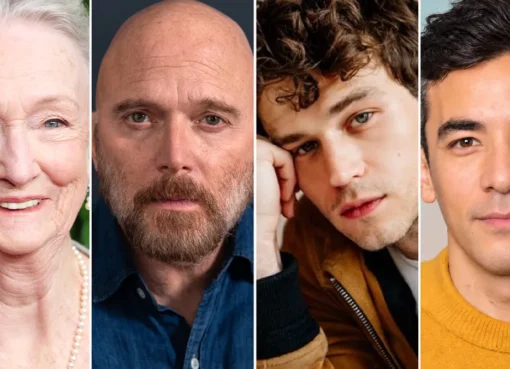 A collage of the announced Broadway cast members including Kathleen Chalfont, Michael Cerveris, Brandon Flynn, and Conrad Ricamora.