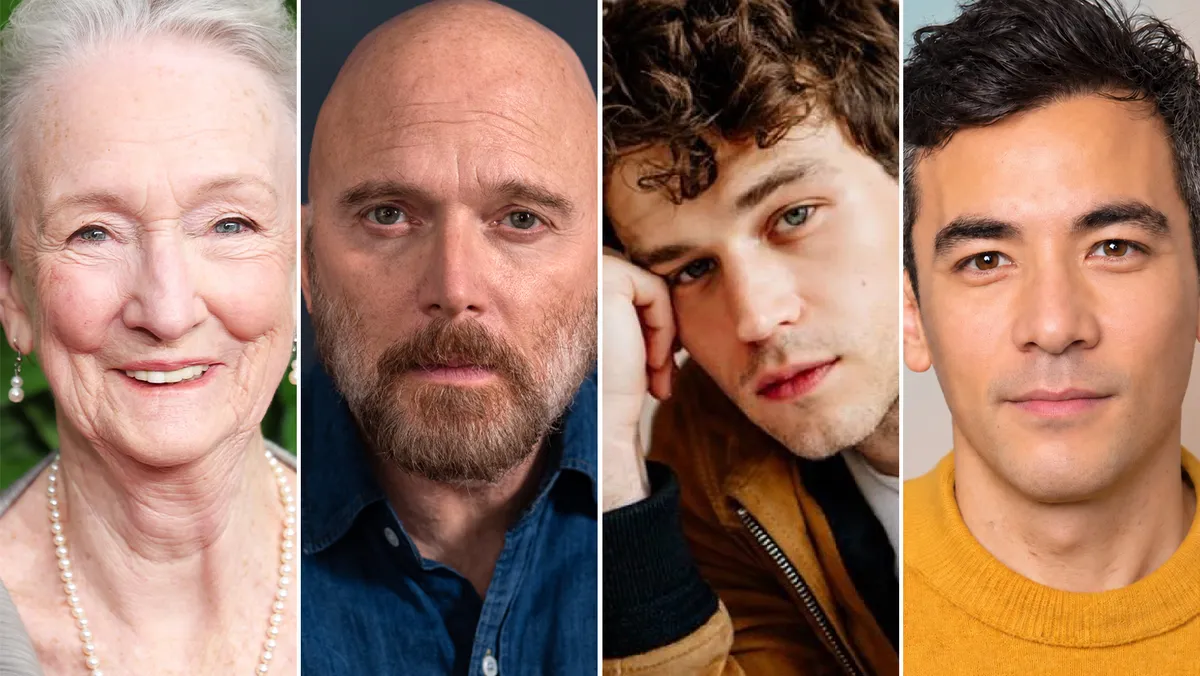 A collage of the announced Broadway cast members including Kathleen Chalfont, Michael Cerveris, Brandon Flynn, and Conrad Ricamora.