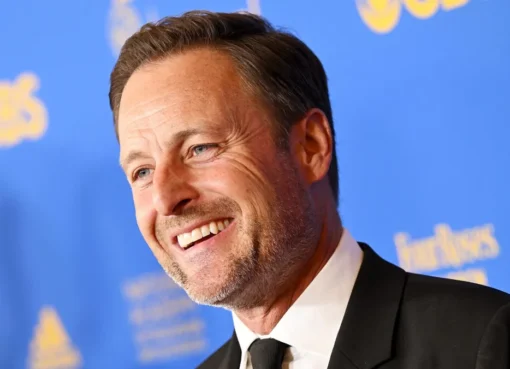 Chris Harrison speaking at a microphone.