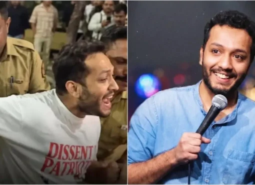 A distressed comedian being held by police during a protest.