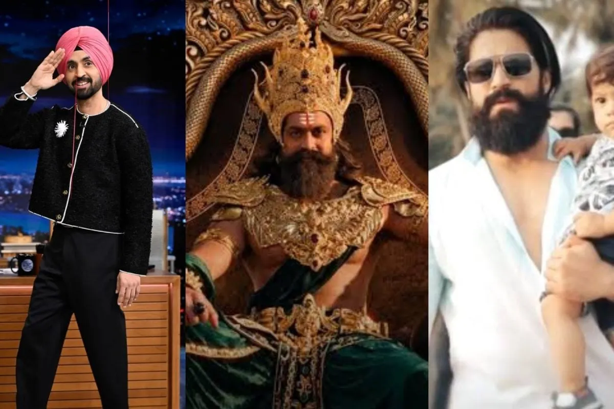 A split image showing Diljit Dosanjh looking thoughtful and a still from the Ramayana showing Ravana and Jatayu.
