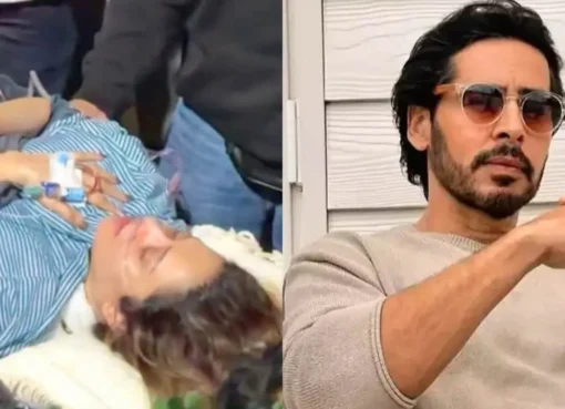 A collage showing Nushrratt Bharuccha and Dino Morea in a serious news update style.