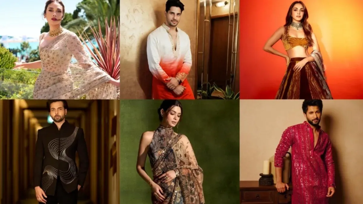 Bollywood celebrities Sidharth Malhotra, Kiara Advani, Rohit Saraf, and Aditi Rao Hydari in vibrant festive Indian attire.