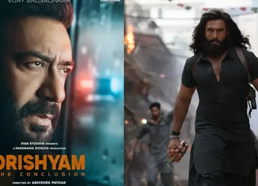 Ajay Devgn looking intense in a Drishyam 3 movie poster.