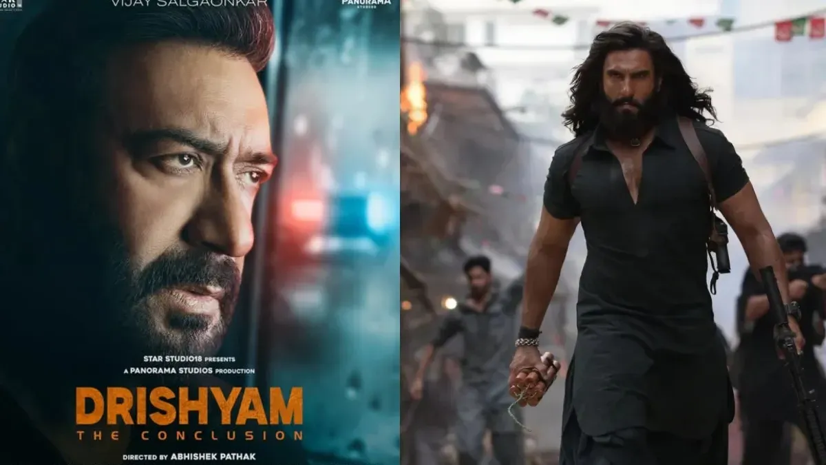 Ajay Devgn looking intense in a Drishyam 3 movie poster.