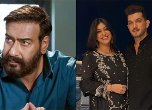 A split image showing a movie poster for Drishyam and a celebrity couple.