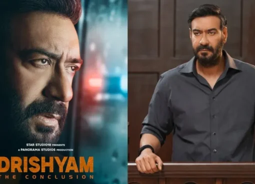 A tense still from the movie Drishyam, showing Vijay Salgaonkar deep in thought, looking determined.