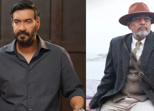 A movie poster for Drishyam 3 showing characters in a tense scene.