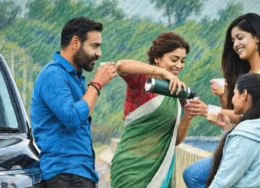 Ajay Devgn smiling in a still from the movie Drishyam 3.