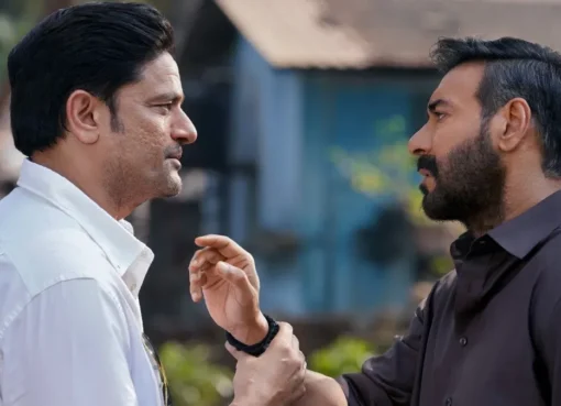 Ajay Devgn looking intense in a scene from Drishyam 3.
