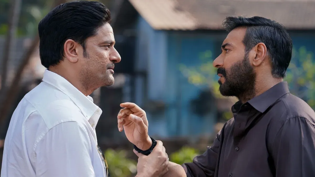 Ajay Devgn looking intense in a scene from Drishyam 3.