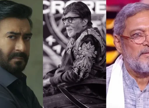 A split image showing a movie poster for Drishyam The Conclusion and a portrait of Amitabh Bachchan.