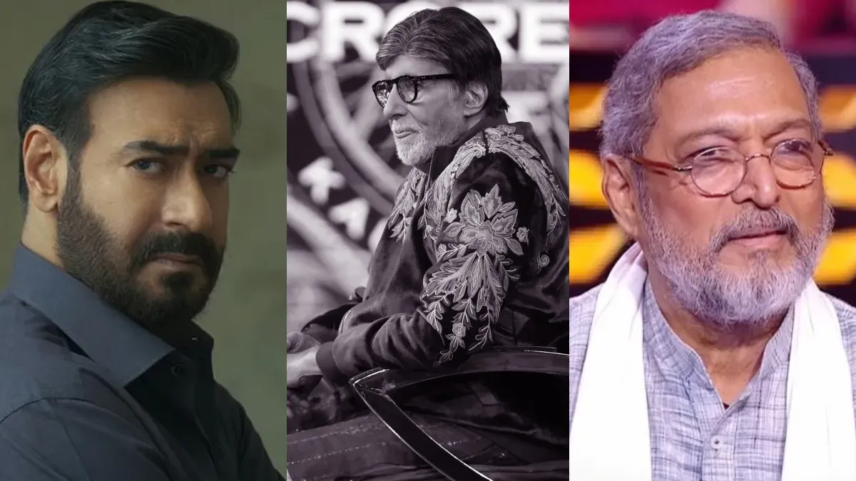 A split image showing a movie poster for Drishyam The Conclusion and a portrait of Amitabh Bachchan.