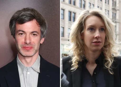 Nathan Fielder with a thoughtful expression and a photo of Elizabeth Holmes looking serious.