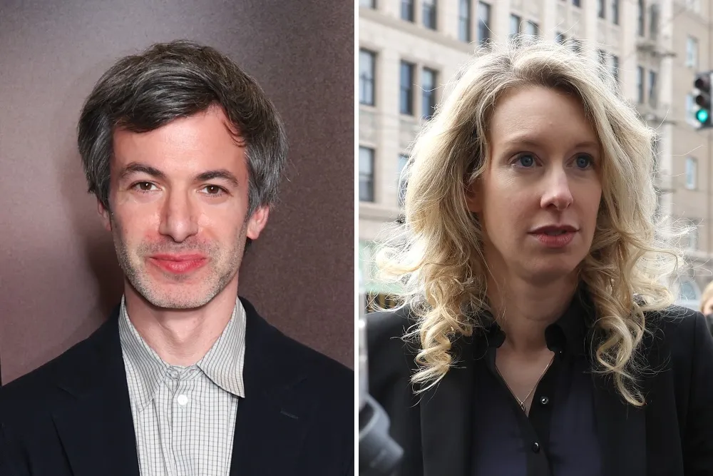 Nathan Fielder with a thoughtful expression and a photo of Elizabeth Holmes looking serious.