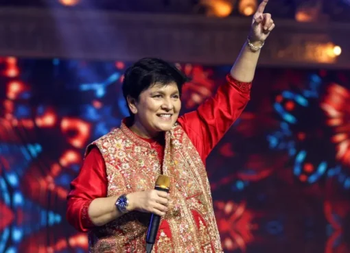Falguni Pathak performing on a colorful stage for Navratri 2026