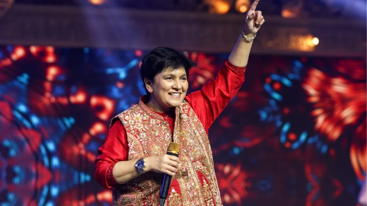 Falguni Pathak performing on a colorful stage for Navratri 2026