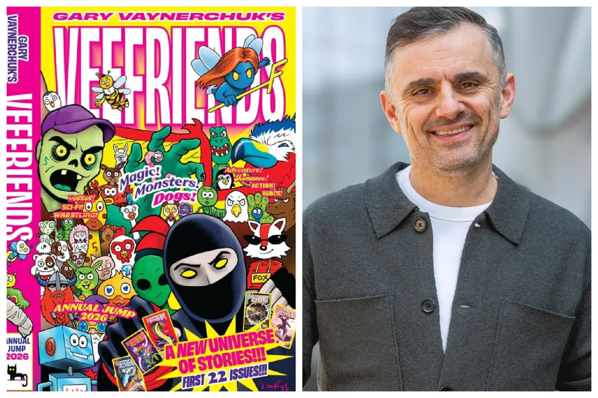 Gary Vaynerchuk smiling, possibly at an event related to VeeFriends, with colorful, cartoon-like VeeFriends characters in the background.