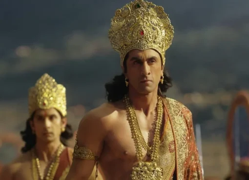 Ranbir Kapoor dressed as Lord Rama, looking majestic and heroic.