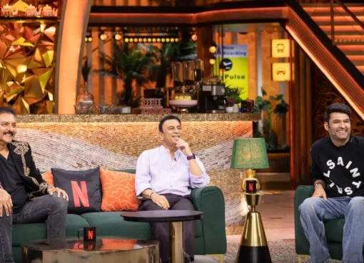 Kapil Sharma sharing a laugh with cricket legends Sunil Gavaskar and Ravi Shastri on the set of his show.
