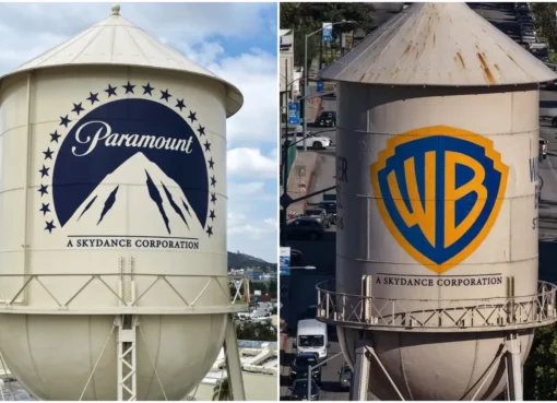 Logos of Paramount Pictures and Warner Bros. Discovery merging together.