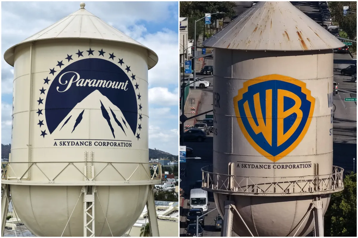 Logos of Paramount Pictures and Warner Bros. Discovery merging together.