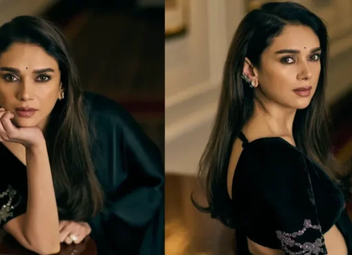 Aditi Rao Hydari smiling gracefully, perhaps in an elegant outfit that hints at her royal background.